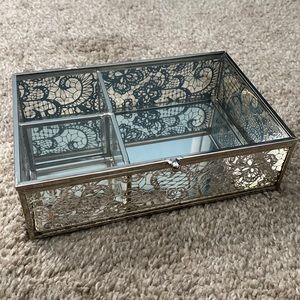 3 compartment glass/mirror/metal jewelry box